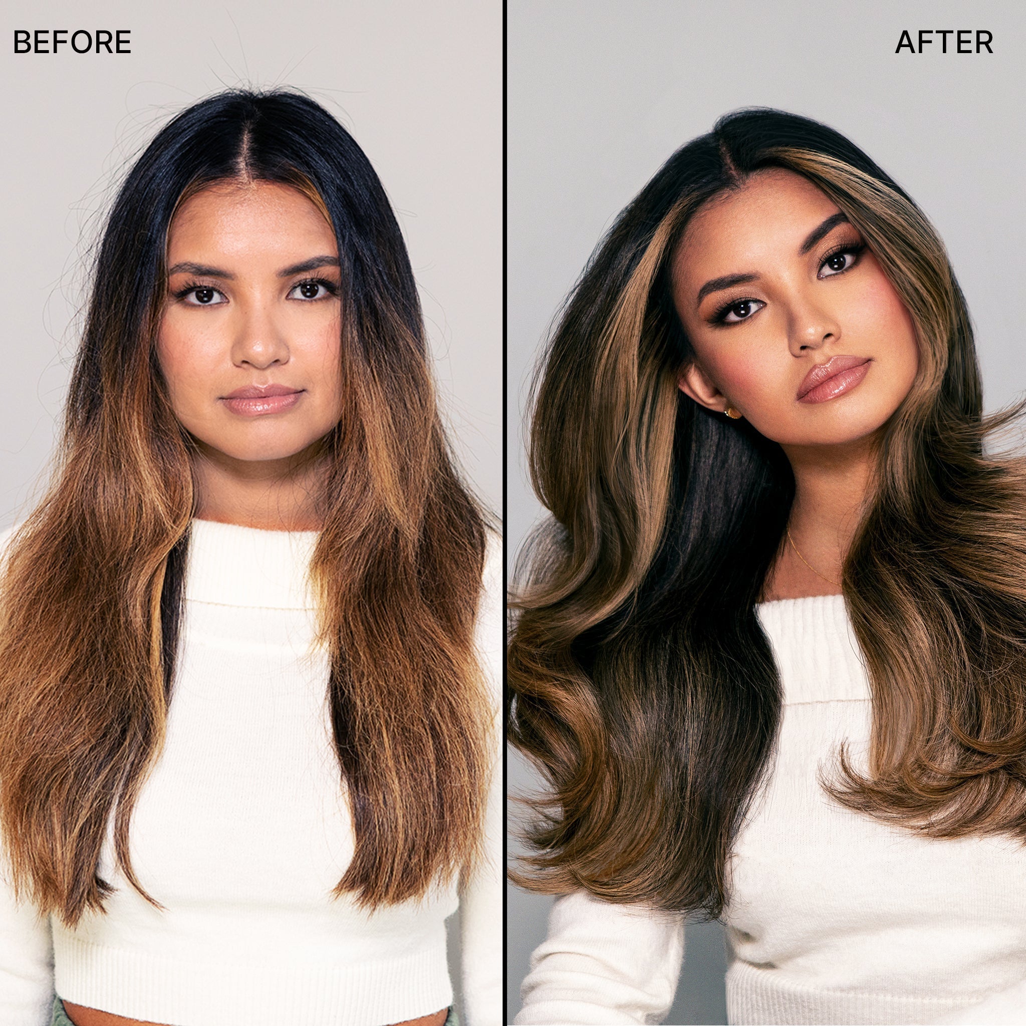 Before & after of a model with dry, damaged, dehydrated straight hair and then smooth, hydrated, healthy straight hair.