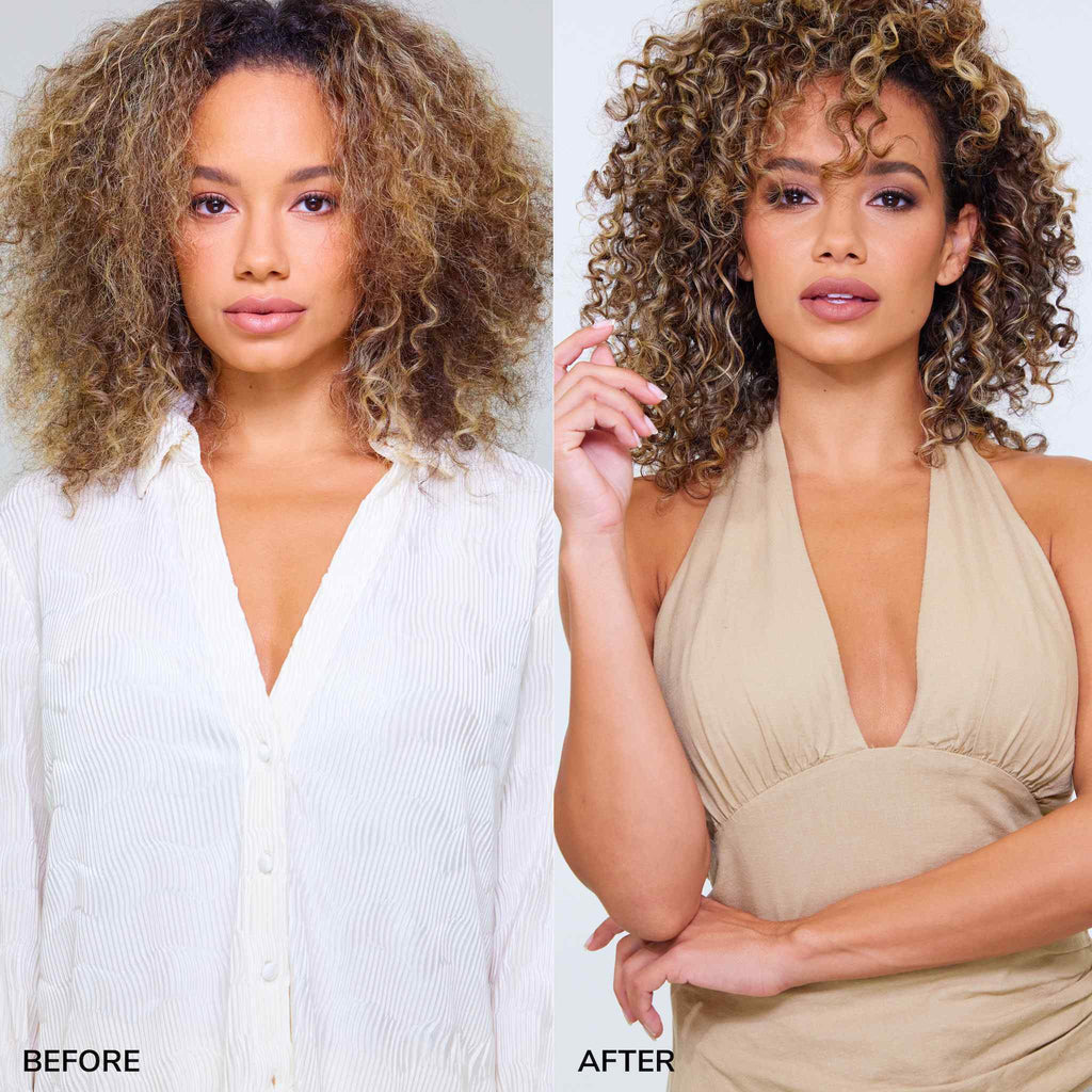 Before & after of a model with dehydrated curls and then hydrated, healthy-looking, glossy curls.