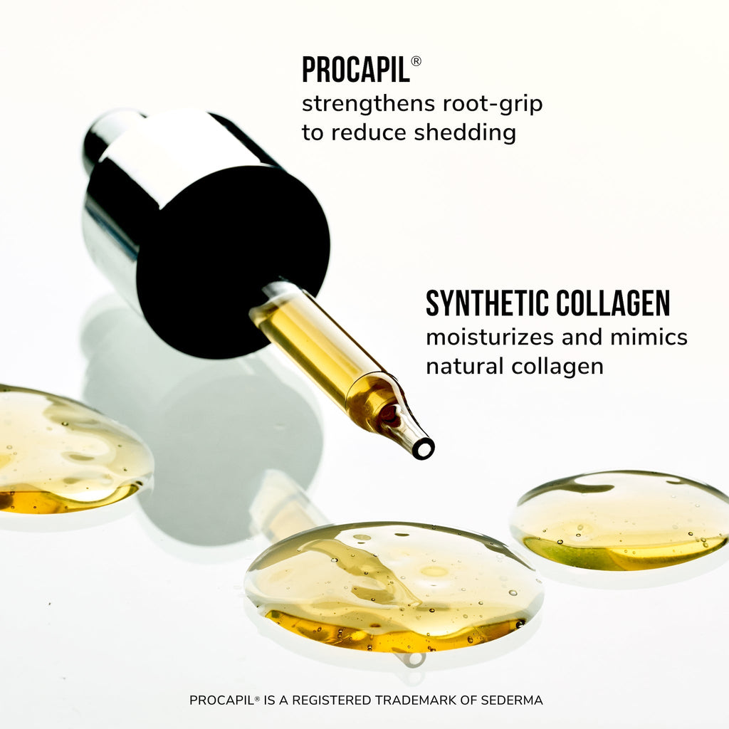 Procapil strengthens root-grip to reduce shedding. Synthetic collagen moisturizes and mimics natural collagen.