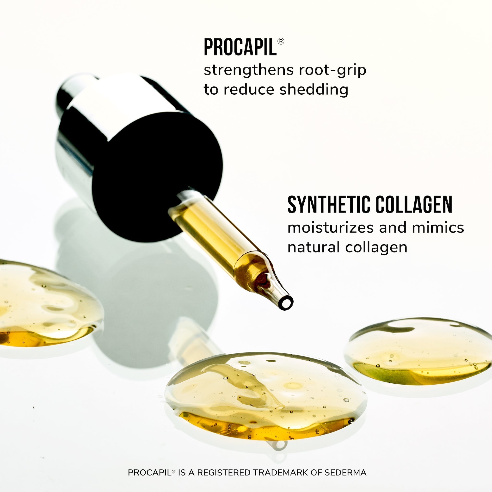Procapil strengthens root-grip to reduce shedding. Synthetic collagen moisturizes and mimics natural collagen.
