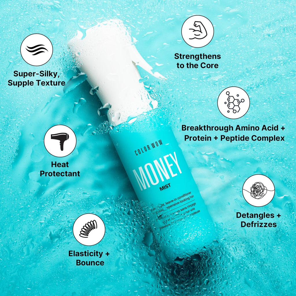 Color Wow Money Mist leave-in conditioner bottle on aqua water background with product benefits around it: Super-silky, supple texture; Strengthens to the core; Breakthrough amino acid + protein + peptide complex; Detangles + defrizzes; Elasticity + bounce; Heat protectant.
