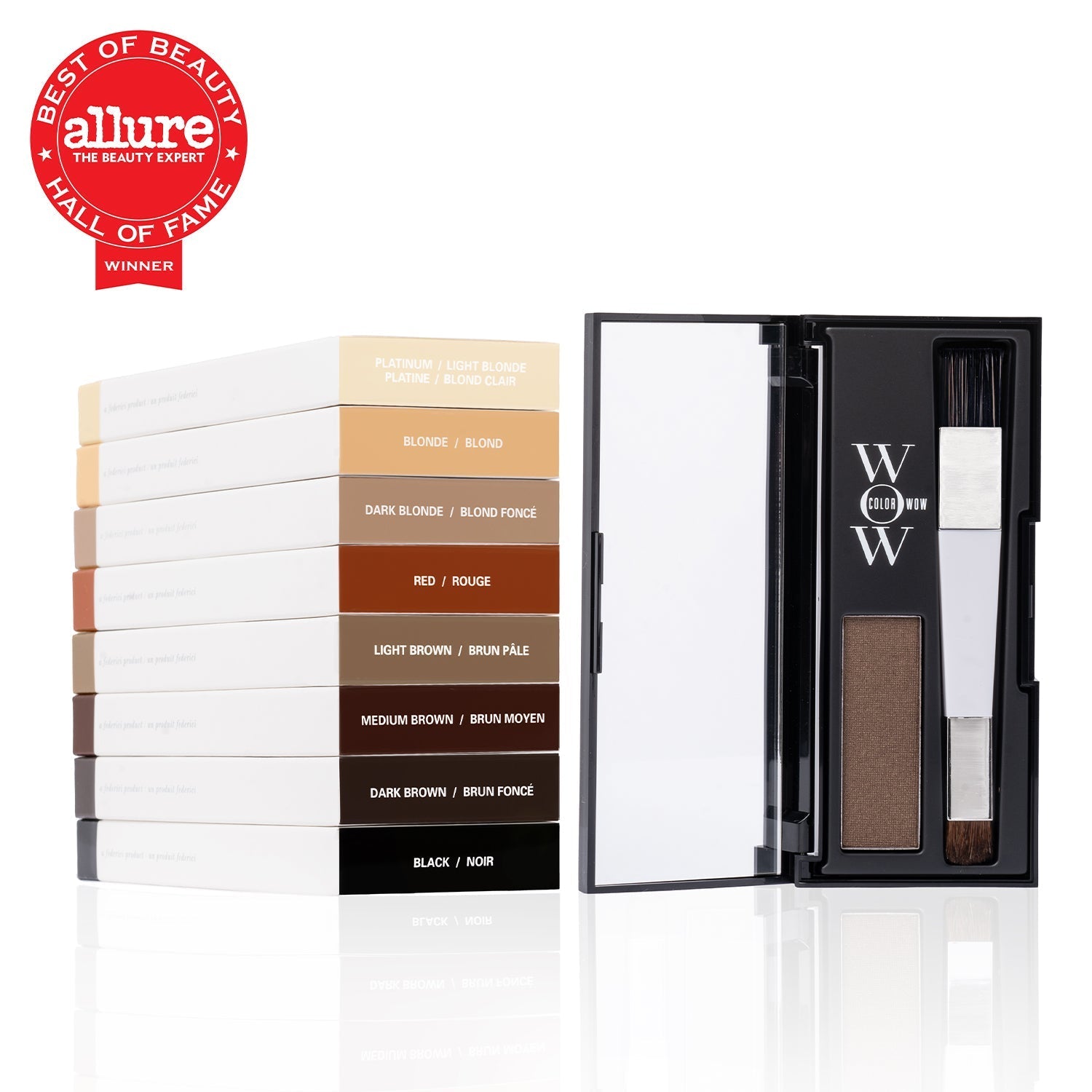 Color Wow Root cover up in all shades stacked (Platinum, Blonde, Dark Blonde, Red, Light Brown, Medium Brown, Dark Brown, and Black) on a white background with a red Allure best of beauty Hall of Fame Award